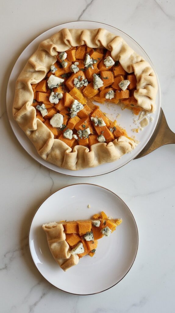 Overhead view of a rustic butternut squash and blue cheese galette on a white serving plate, golden crust folded around filling, centered on a white quartz countertop.