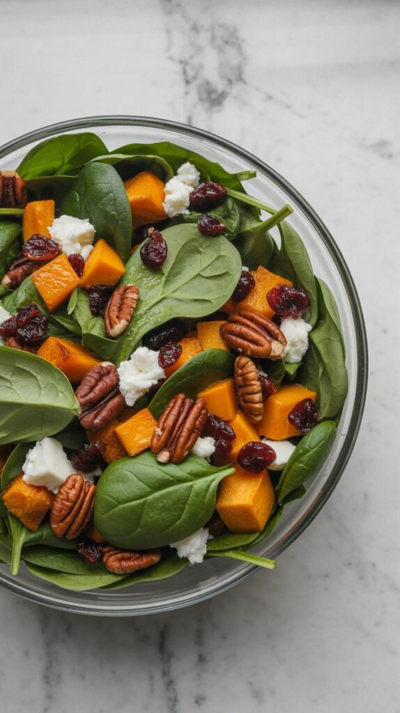 Overhead photo of spinach salad with roasted butternut squash, goat cheese, pecans, and cranberries in a glass bowl.