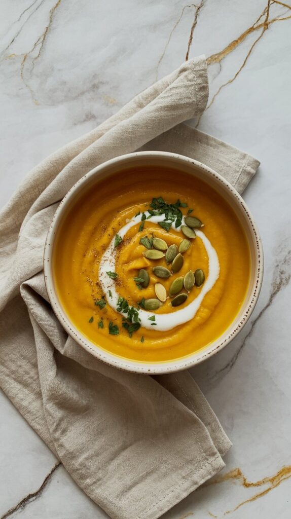 Bowl of creamy autumn squash and sweet potato soup on a neutral-toned linen napkin. Garnished with pumpkin seeds, chopped parsley, and a swirl of coconut cream.