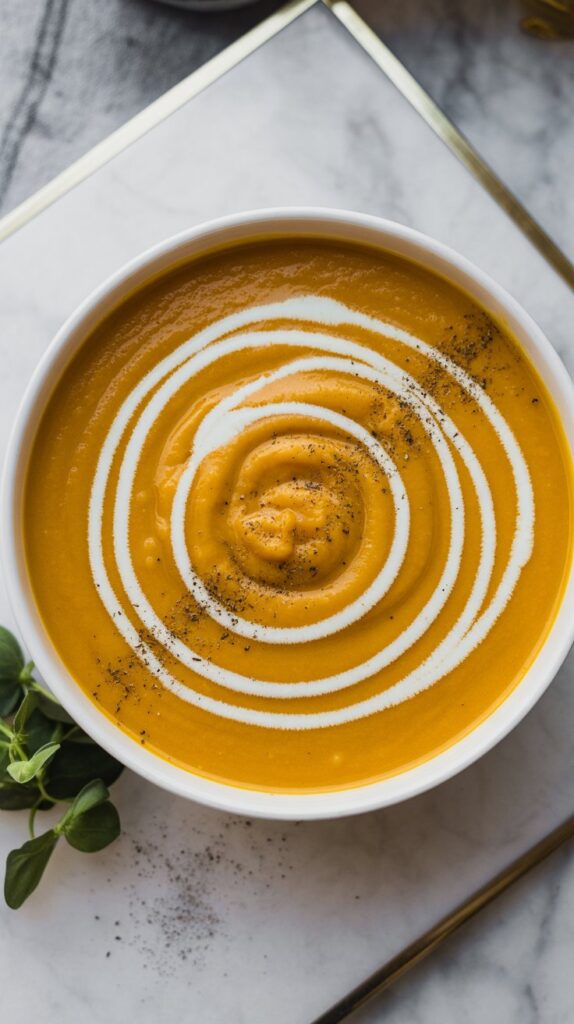 A bowl of coconut butternut squash soup seasoned with pepper and several rings of cream