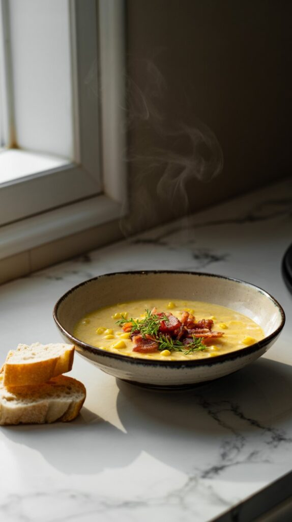 Bowl of creamy corn chowder soup steaming hot and garnished with herbs and bacon and slices of bread