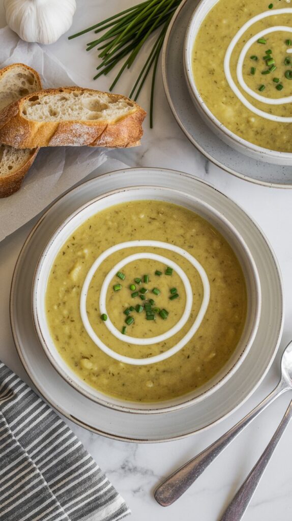 Bowl of creamy garlic herb potato soup garnished with a swirl of cream and chopped chives, bread on the side, soft light on a white quartz counter.