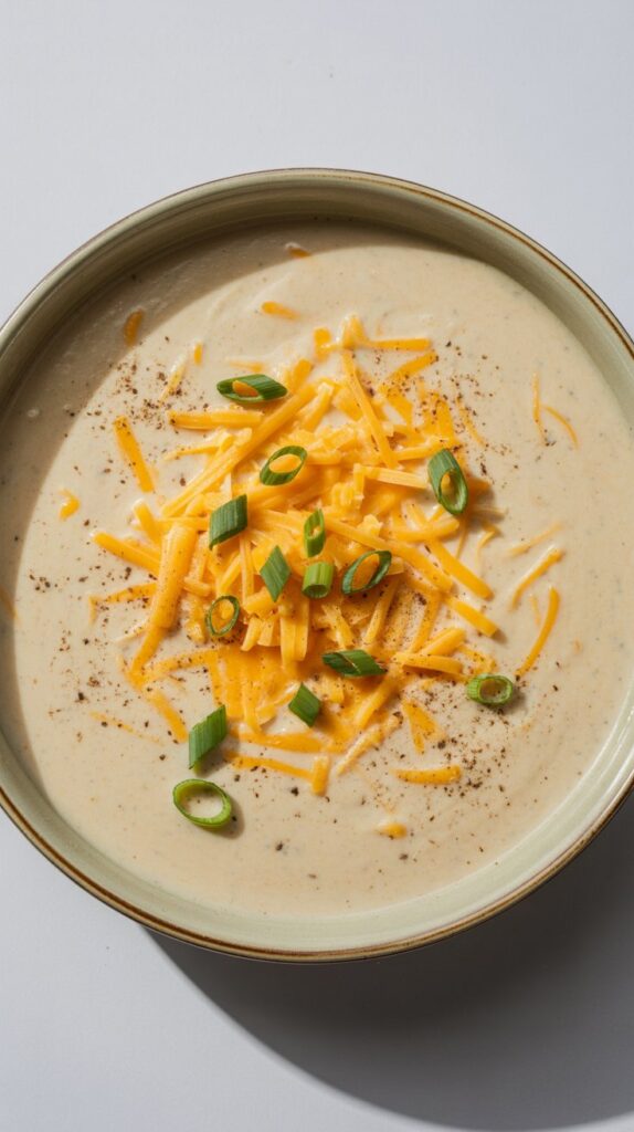 Classic creamy soup with orange carrot flecks and green onion garnish in a wide bowl on a white quartz background.