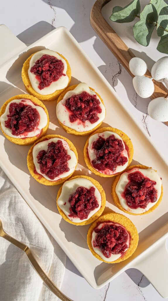 Overhead view of a white serving platter with stacked polenta rounds topped with melted cheese and cranberry relish, centered on a white quartz countertop.