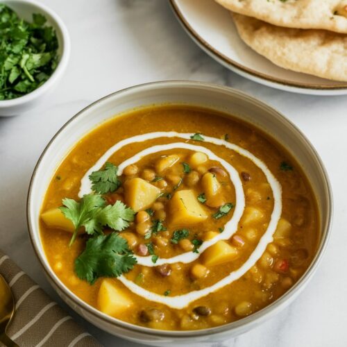 Creamy curried potato and lentil soup in a bowl, topped with cilantro and a swirl of coconut milk, with warm naan on the side.