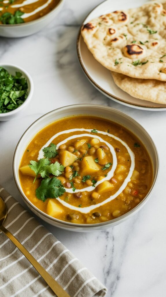 Creamy curried potato and lentil soup in a bowl, topped with cilantro and a swirl of coconut milk, with warm naan on the side.