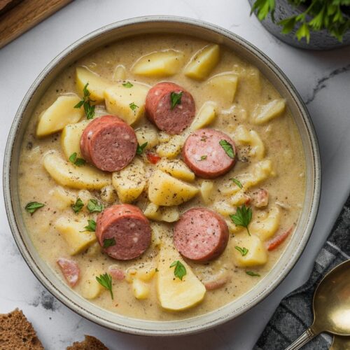 Rustic bowl of creamy potato and sausage soup, topped with chopped parsley and served with rye bread on the side.