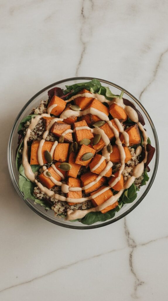 Overhead photo of sweet potato salad with quinoa, greens, and tahini in a glass bowl.