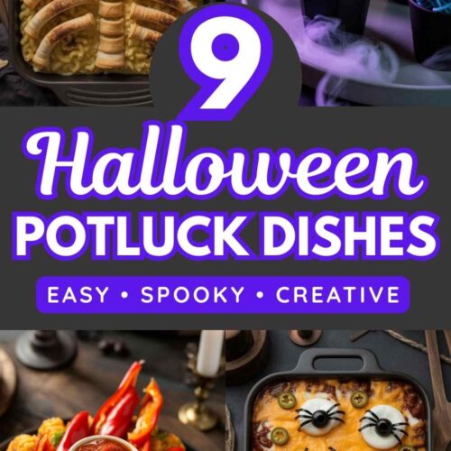 A collage of 4 different Halloween potluck dishes with text "9 Halloween Potluck Dishes. Easy, spooky, creative"