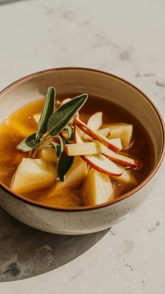 Golden broth with tender chunks of apple and potato, garnished with crispy sage, in a rustic bowl on white quartz.