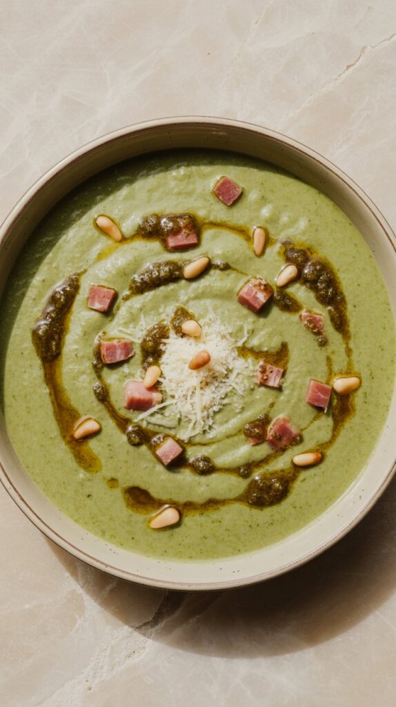 Pale green soup with visible ham chunks and a swirl of pesto, topped with parmesan, in a simple bowl on clean countertop.