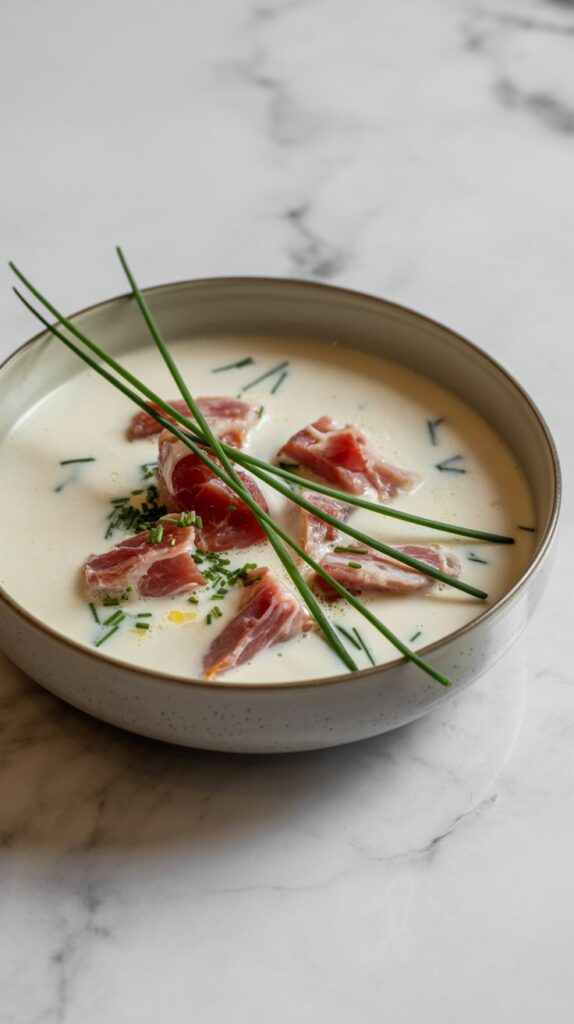 Creamy white ham and potato soup topped with bright green chopped chives in a light ceramic bowl on white quartz.