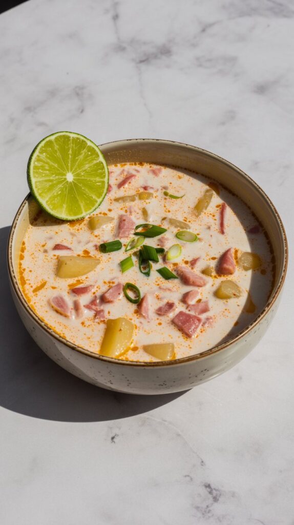 Light, silky soup with ham and potato chunks, garnished with green onions. Simple white bowl on a bright, clean surface.
