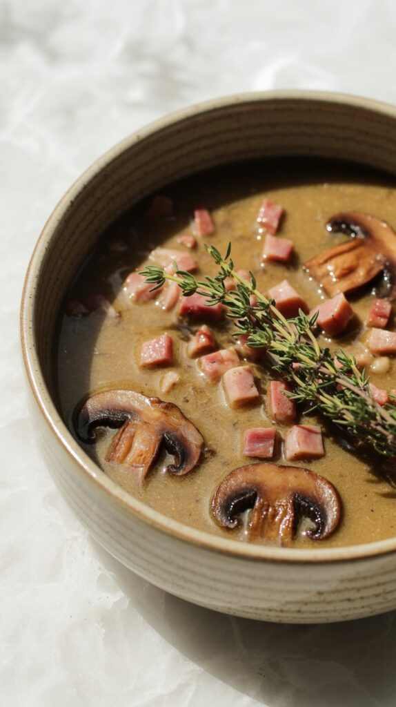 Rustic bowl of earthy soup with visible mushrooms, ham, and thyme, served on a modern white quartz background.