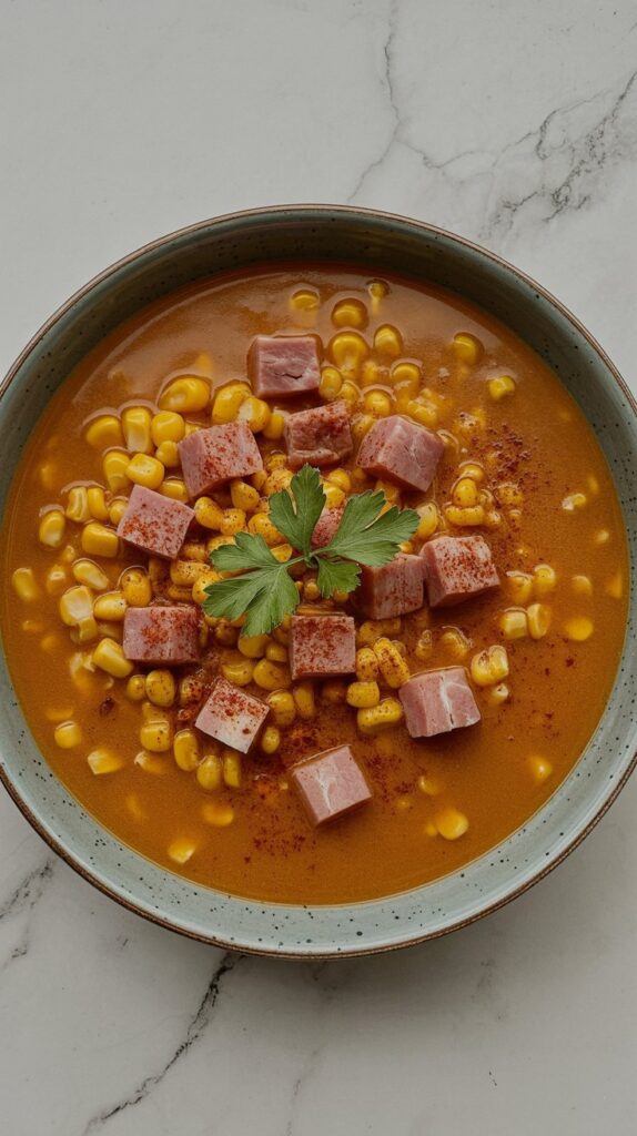 Red-tinged soup with sweet corn and ham, garnished with parsley in a neutral ceramic bowl on white quartz.