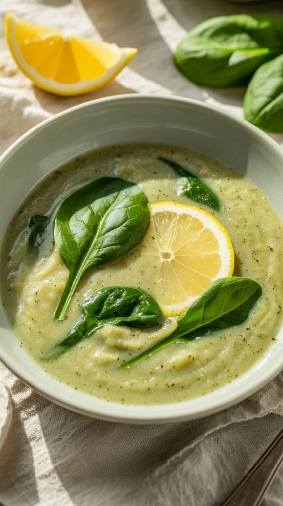 Light broth-based soup with wilted spinach and lemon zest, served in a clean white bowl on a quartz counter.