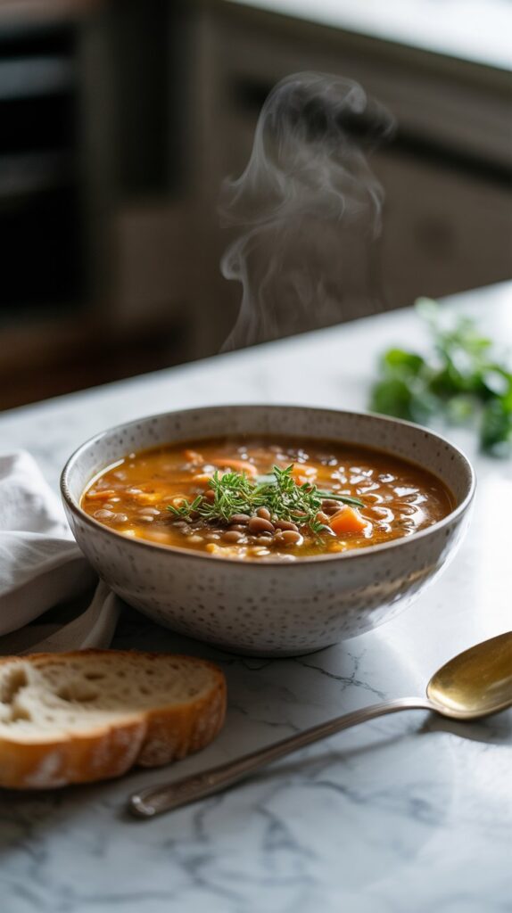 Side view of hearty lentil soup steaming hot and garnished with herbs