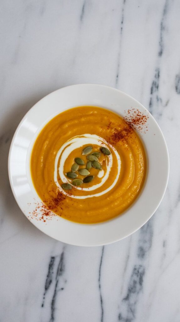 A bowl of instant pot butternut squash carrot ginger soup garnished with a swirl of cream and pepitos and paprika