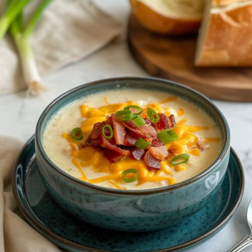 Creamy baked potato soup in a shallow bowl, topped with shredded cheese, bacon, and green onions, with a slice of bread beside it on a white quartz counter.
