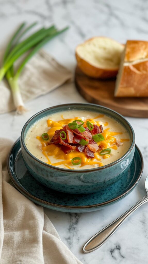 Creamy baked potato soup in a shallow bowl, topped with shredded cheese, bacon, and green onions, with a slice of bread beside it on a white quartz counter.