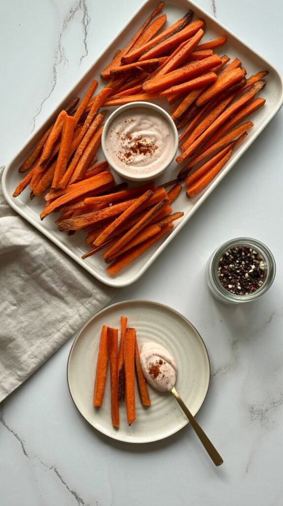 Overhead view of a white serving platter with maple roasted carrot fries and a small bowl of spiced yogurt dip, centered on a white quartz countertop.