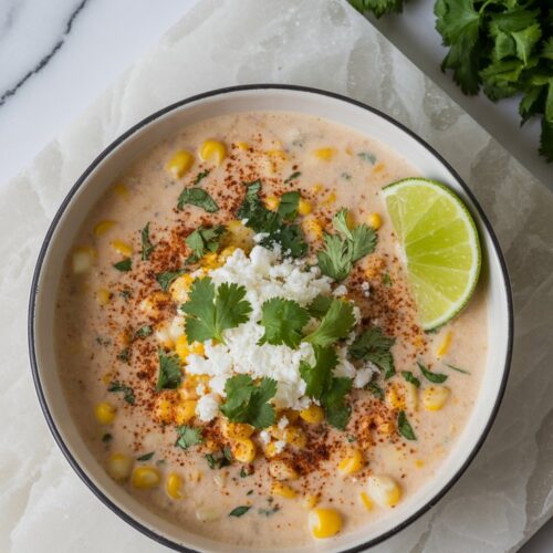 A creamy bowl of street corn–inspired potato soup, topped with crumbled cheese, cilantro, and chili powder, served with a lime wedge on the side.