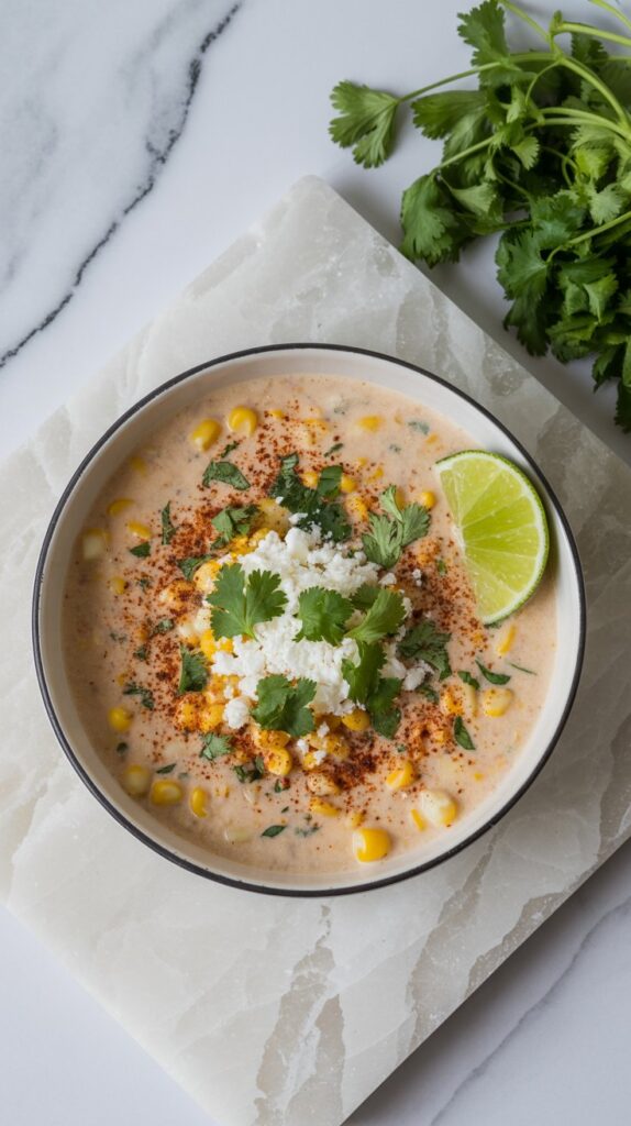 A creamy bowl of street corn–inspired potato soup, topped with crumbled cheese, cilantro, and chili powder, served with a lime wedge on the side.