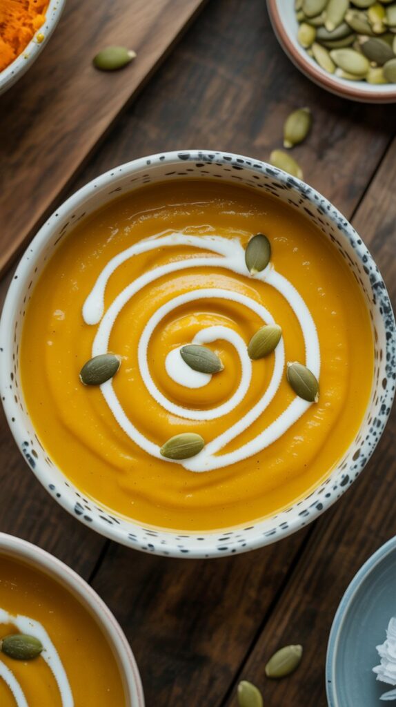 A bowl of crepanera-inspired butternute squash soup witha swirl of cream and garnished with roasted pepitos