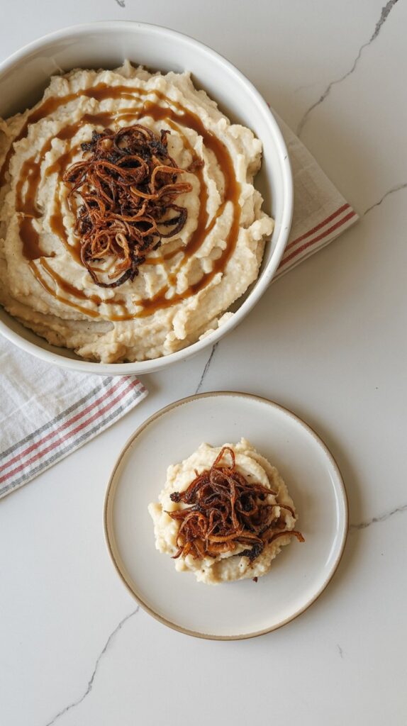 Overhead view of a white serving bowl filled with parsnip mash topped with brown butter drizzle and crispy shallots, centered on a white quartz countertop.
