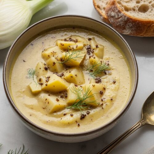 A smooth bowl of potato and roasted fennel soup topped with fennel fronds and olive oil, served with bread on a white quartz surface.