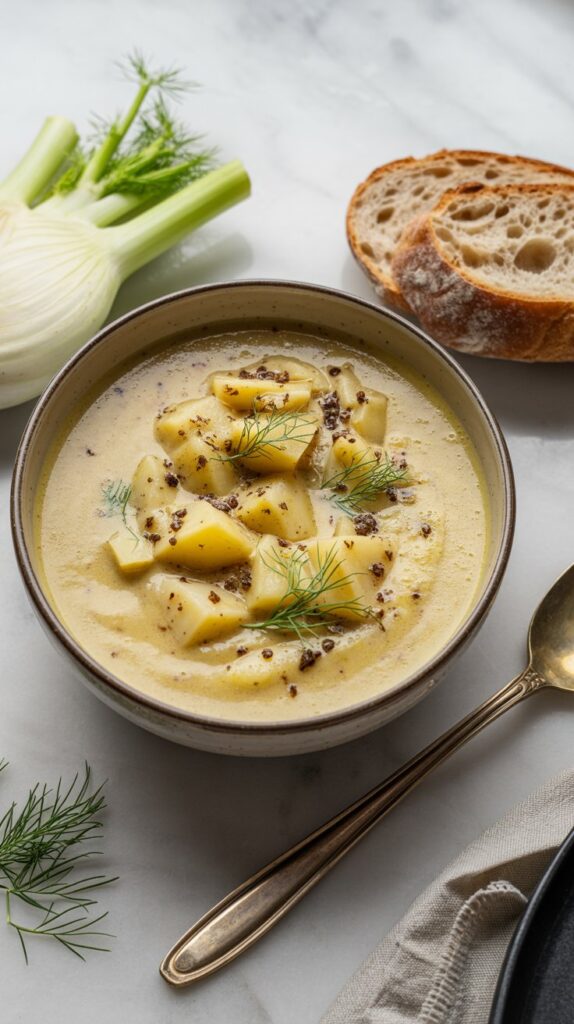 A smooth bowl of potato and roasted fennel soup topped with fennel fronds and olive oil, served with bread on a white quartz surface.