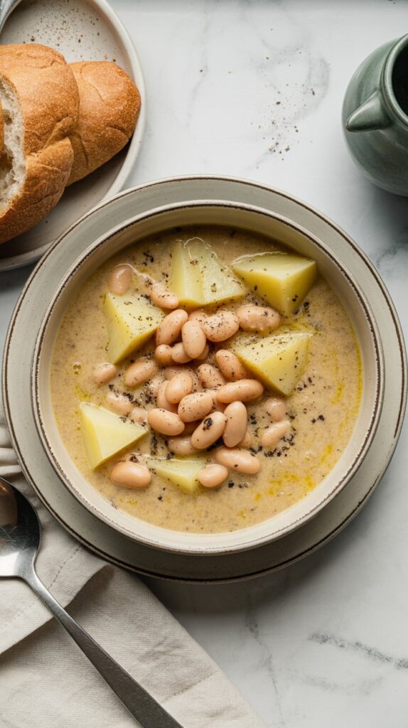 Bowl of creamy white bean and potato soup drizzled with olive oil, topped with cracked black pepper, and served with bread.