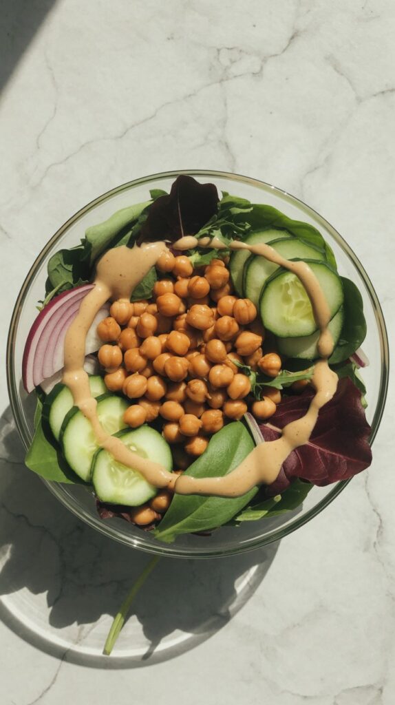 Overhead photo of vegan salad with roasted chickpeas, cucumber, red onion, and tahini in a glass bowl.