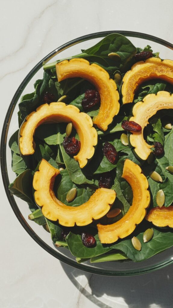 Overhead photo of kale salad with roasted delicata squash, cranberries, and pepitas in a glass bowl.