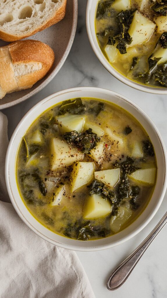 Hearty bowl of potato and kale soup with visible greens and chunks of potato, topped with olive oil drizzle and pepper, served with rustic bread.