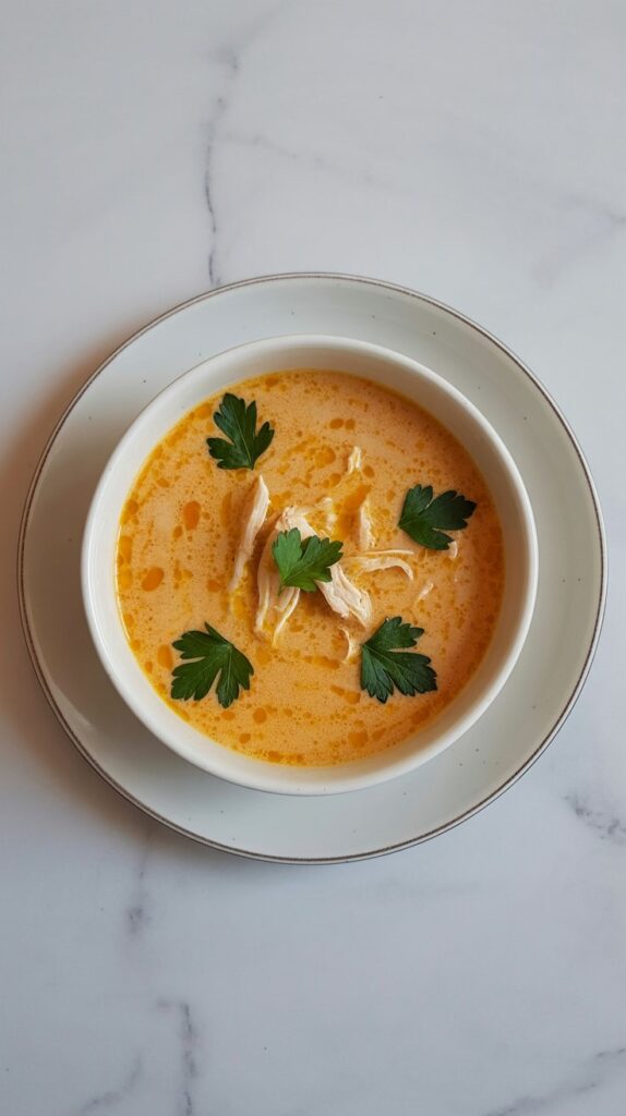 A bowl of creamy butternut squash chicken soup garnished with cillantro and a touch of olive oil