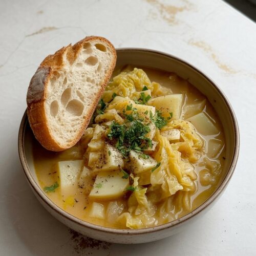 top view of cabbage potato soup with a slice of rustic bread and garnished withchopped parsley and cracked black pepper