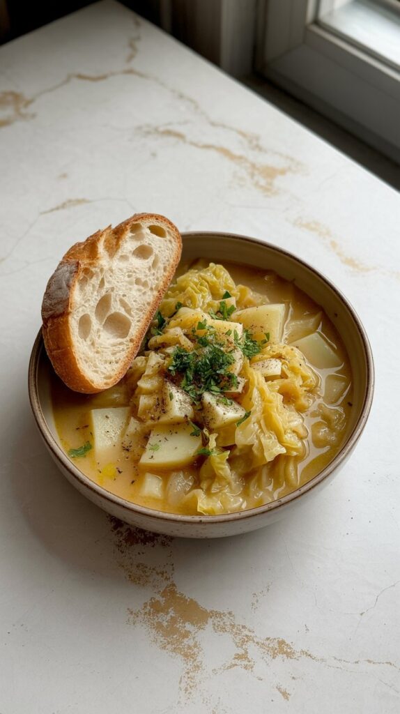 top view of cabbage potato soup with a slice of rustic bread and garnished withchopped parsley and cracked black pepper