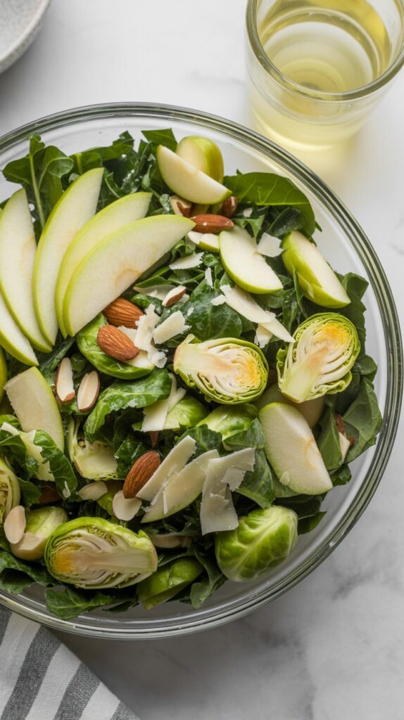 Overhead photo of Brussels sprouts and kale salad with apple slices, Parmesan, and almonds in a glass bowl.