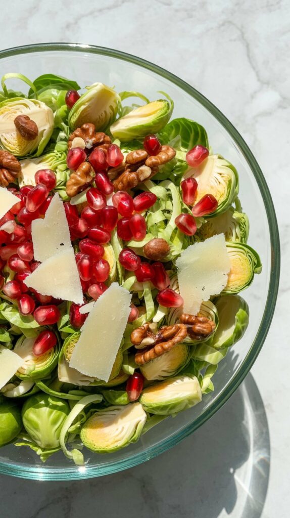 Overhead photo of Brussels sprouts salad with pomegranate, Parmesan, and nuts in a glass bowl.