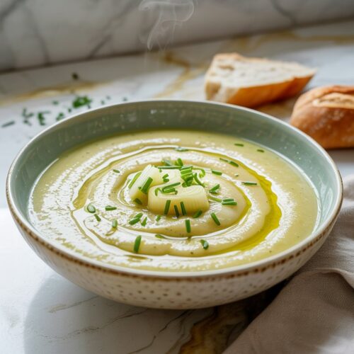 Side view of creamy leek potato soup garnished with a couple of potato chunks and chives with side of bread