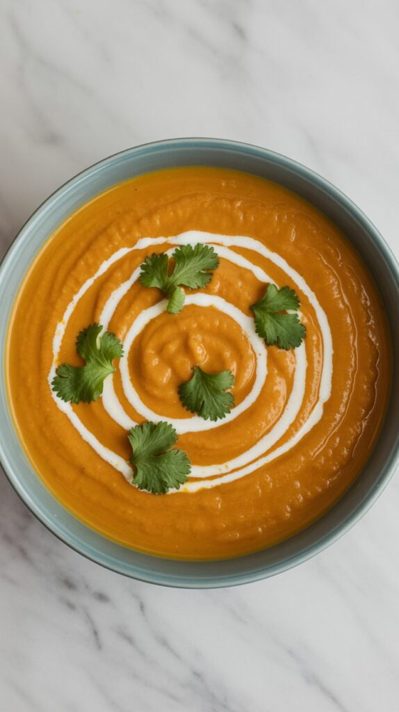 A bowl of butternut squash lentil soup garnished with a swirl of cream and cillantro