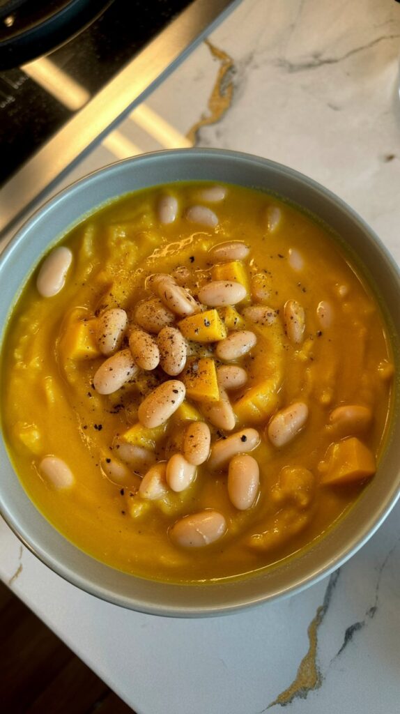 A bowl of butternut squash and white bean soup showing chunks of beans and squash seasoned with pepper