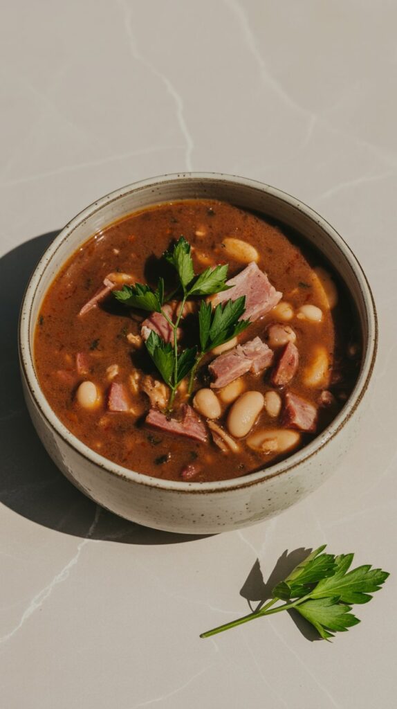 Dark, hearty soup with visible beans and ham, garnished with chopped parsley, served in a simple ceramic bowl.