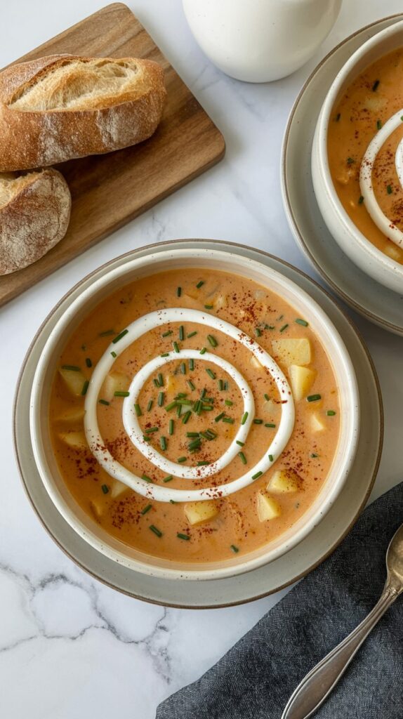 Hearty bowl of potato and kale soup with visible greens and chunks of potato, topped with olive oil drizzle and pepper, served with rustic bread.