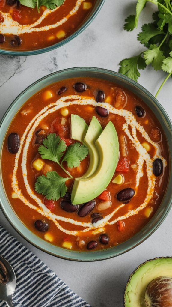 Colorful soup with corn, black beans, and ham, garnished with avocado and cilantro, served in a clean, modern bowl.