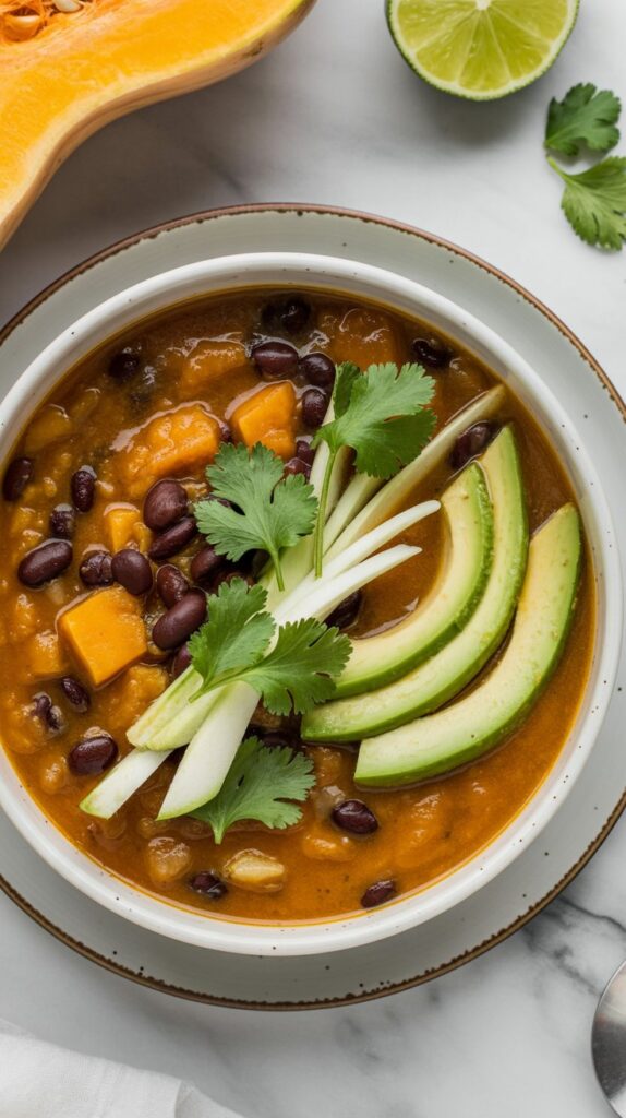 A bowl of brothy butternut squash black bean soup garnished with avocado and celero