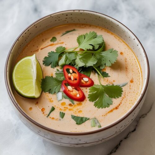 Creamy Thai-style potato soup topped with cilantro and red chili, served in a ceramic bowl with a lime wedge, bright light and clean background.