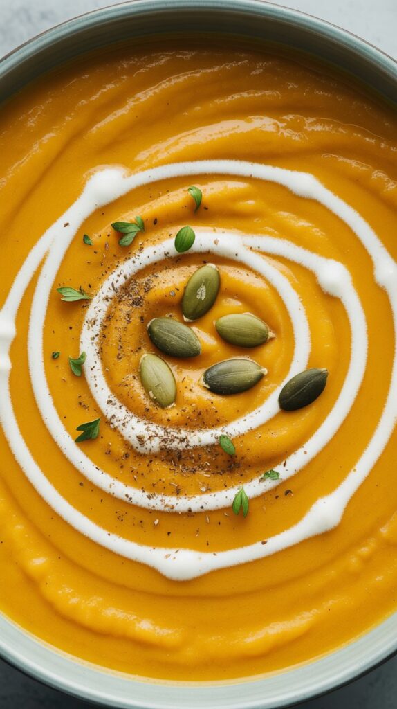 closeup of a bowl of creamy acorn and butternut squash soup garnished with herbs, spices and roasgted papitos along with a swirl of cream