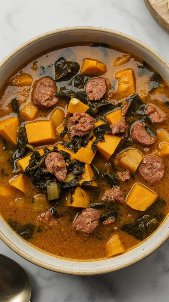 A bowl of brothy butternut squash and sausage soup